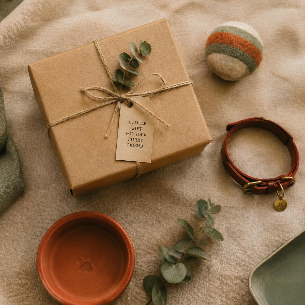 A kraft-wrapped gift box with eucalyptus, a felt ball, a leather collar and a terracotta bowl on linen