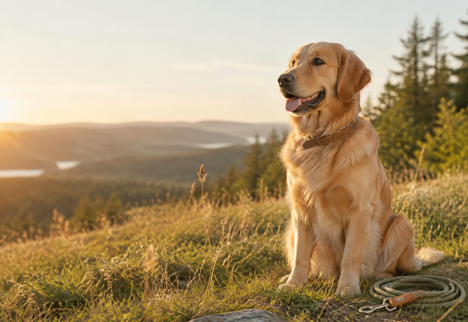 A golden retriever in a sunlit meadow, wearing a leather collar